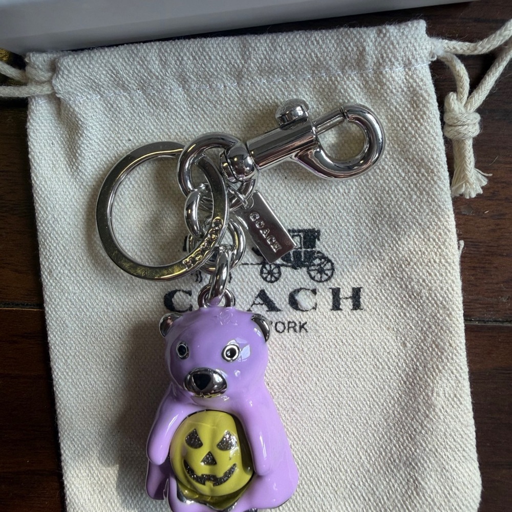 Coach Purple Bear Keychain Charm with Yellow Pumpkin Accent
